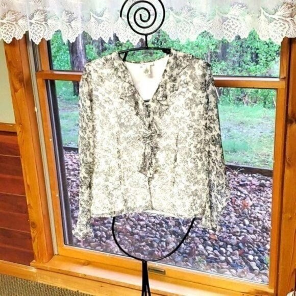 Laura Ashley Sheer Floral Ruffled Lined Button Down Long Sleeve Sz 10 Blouse - Picture 1 of 12
